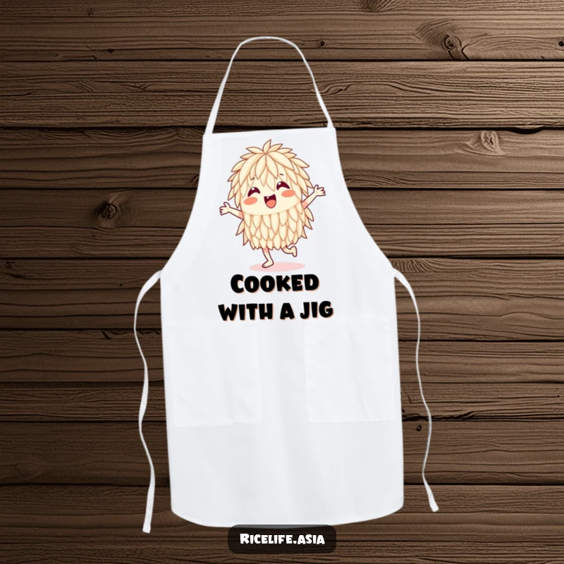 Funny Apron: A whimsical chef apron adorned with a happy rice grain, joyfully dancing as it inspires culinary fun.