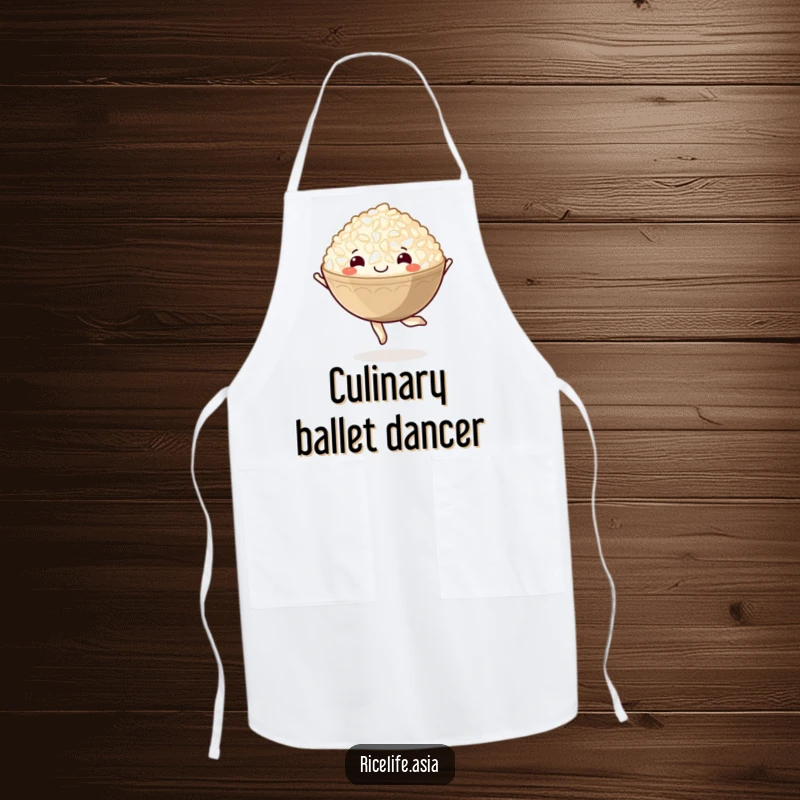 Funny apron featuring a delighted cartoon bowl of rice doing a happy pirouette, perfect for kitchen creativity.