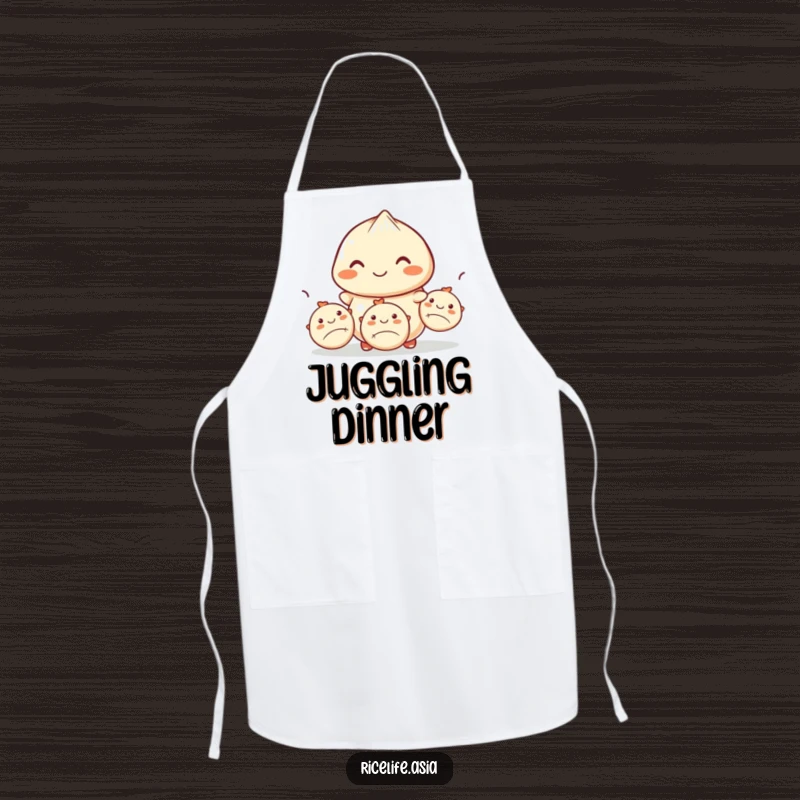 Funny apron showing a smiling dumpling skillfully juggling three smaller dumplings, ideal for adding a humorous and impressive touch to cooking.