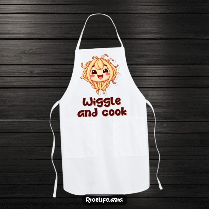 Funny apron adorned with a smiling noodle character wiggling with glee, perfect for joyful cooking.