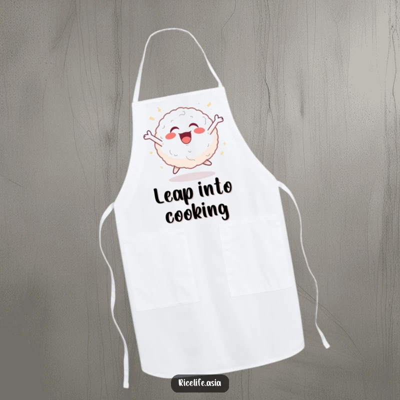 Funny apron showing a cheerful rice ball in a dynamic leaping pose, ideal for adding a humorous and energetic touch to cooking activities.