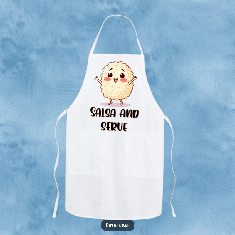 Funny apron showing a happy grain of rice dancing the salsa, ideal for adding a humorous and rhythmic touch to cooking activities.