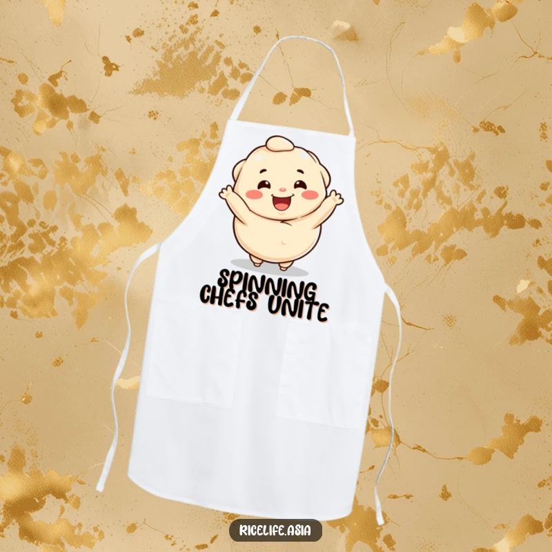 Funny apron adorned with a happy dumpling character performing a celebratory spin, perfect for joyful cooking.