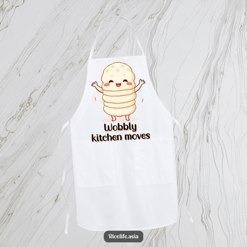 Funny Apron: A charming kitchen apron featuring a stack of cheerful rice cakes doing a wobbly dance, inspiring fun in the kitchen.