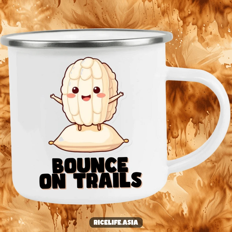 Funny Bouncing Rice Camping Mug: A smiling grain of rice character happily bounces on a cushion, perfect for outdoor adventures, a funny gift.