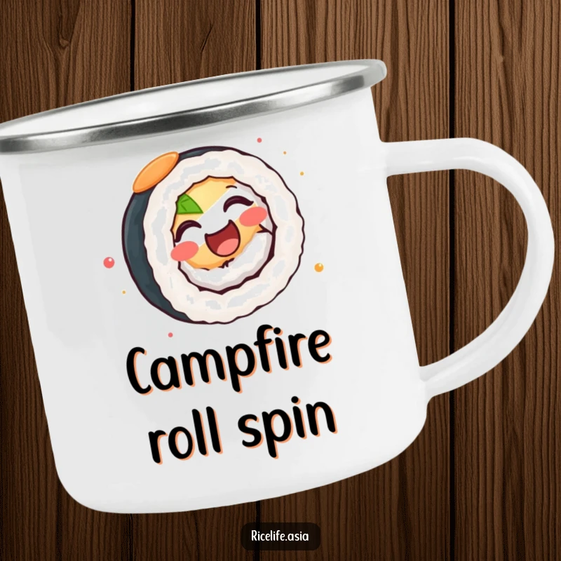 Funny Camping Mug: A sturdy mug featuring a delighted sushi roll spinning with pure joy, perfect for outdoor fun.