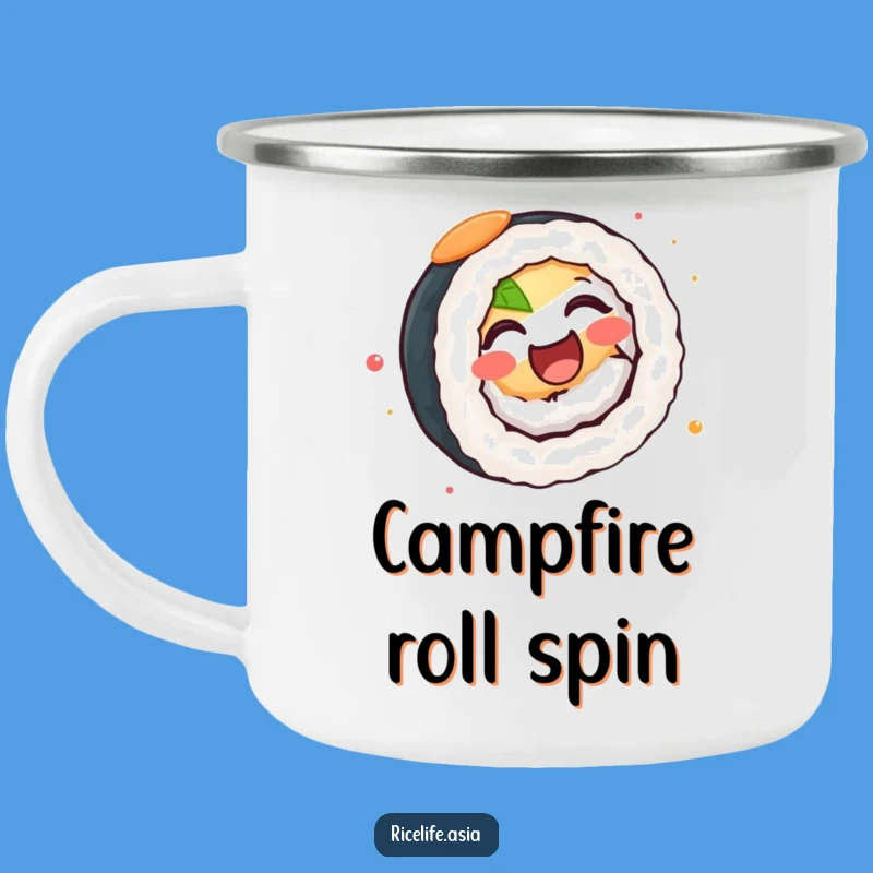 Funny Spinning Sushi Roll Camping Mug: Adventure with a Joyful Treat