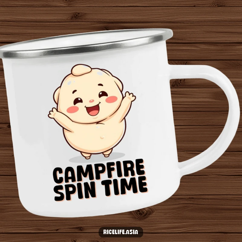 Funny camping mug showcasing a happy dumpling character spinning with delight, ideal for outdoor adventures.
