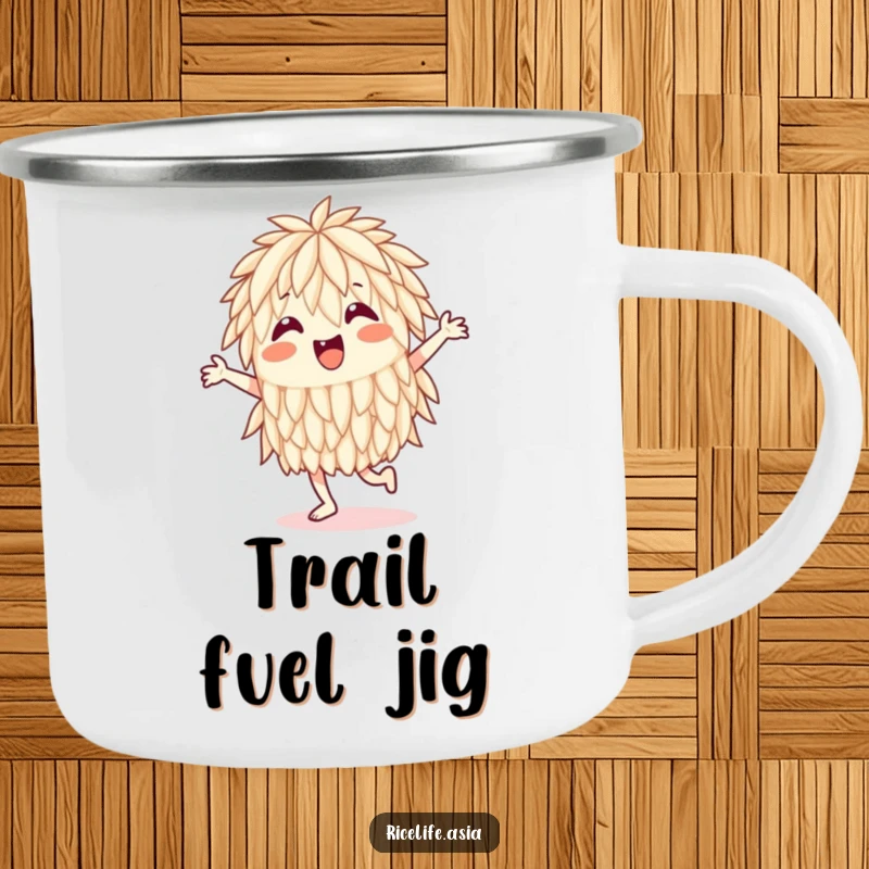 Funny Camping Mug: A rugged mug featuring a happy rice grain doing a spirited jig, perfect for outdoor fun and laughter.