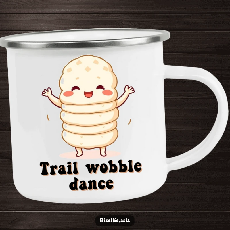 Funny Camping Mug: A sturdy mug featuring a stack of cheerful rice cakes doing a wobbly dance, perfect for outdoor fun.