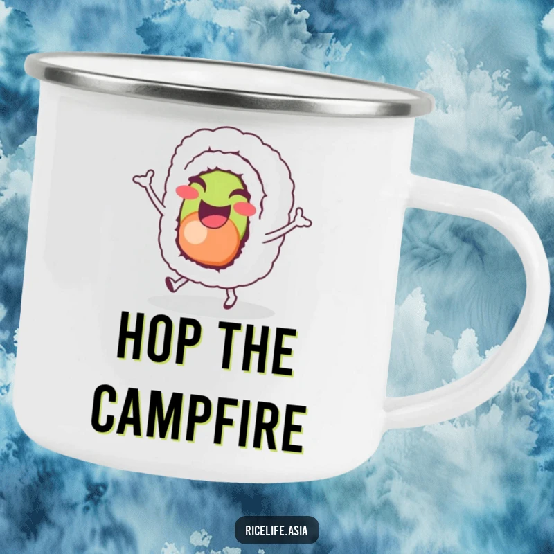 Funny Sushi Hop Camping Mug: A cheerful sushi roll character joyfully does a tiny hop, perfect for outdoor adventures, a funny gift.