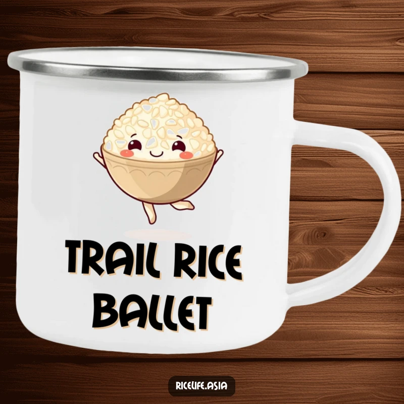 Funny enamel camping mug depicting a delighted cartoon bowl of rice performing a happy pirouette, ideal for camping.