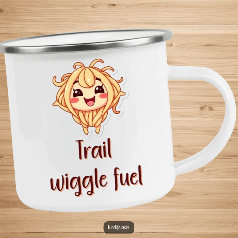 Funny camping mug showcasing a smiling noodle character wiggling with excitement, ideal for outdoor adventures.