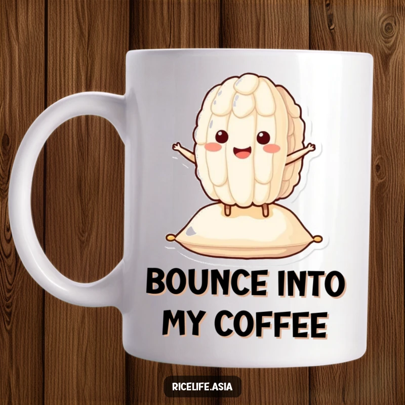 Funny Bouncing Rice Mug: A smiling grain of rice character happily bounces on a cushion, bringing joy, a perfect funny gift.