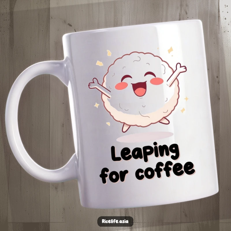 Funny mug with a cheerful rice ball captured mid-leap, expressing pure joy and energetic exuberance with a happy smile.