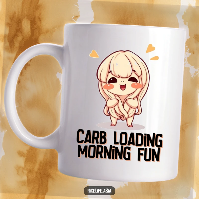 Funny noodle mug with a happy, giggling cartoon noodle doing a silly wiggle dance, bringing joy and laughter.