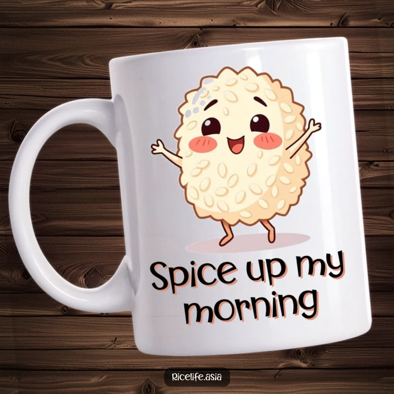 Funny mug with a happy grain of rice joyfully performing a lively salsa dance, full of energy and comedic movement.