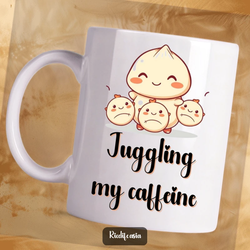 Funny mug with a smiling dumpling expertly juggling three smaller dumplings, showcasing impressive, humorous culinary balance.