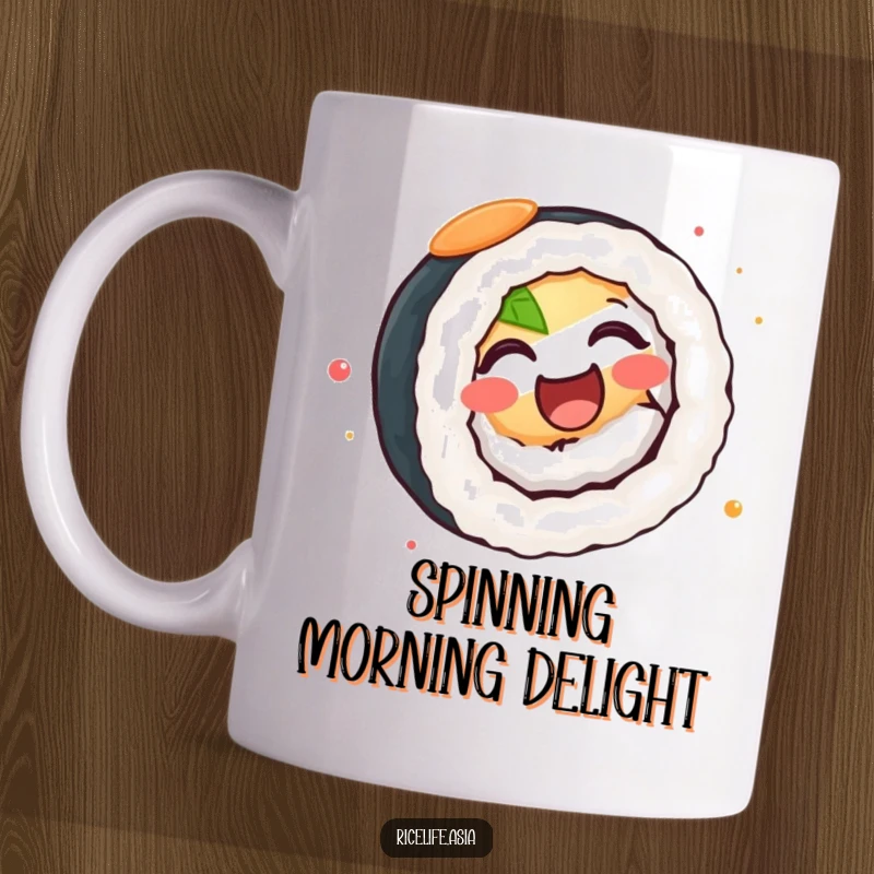Funny Mug: A happy sushi roll spinning with pure delight and infectious joy, radiating positive energy.