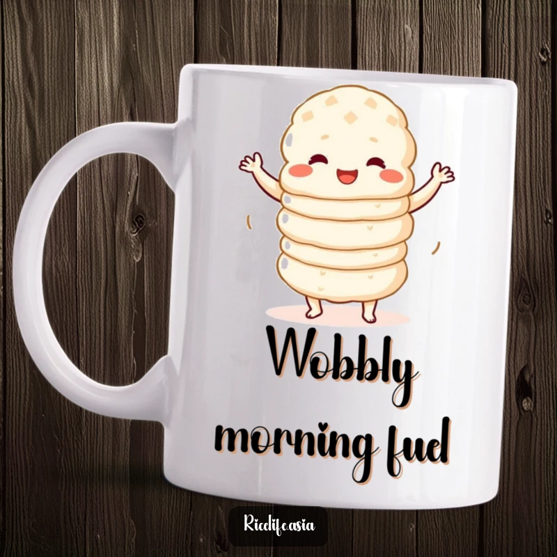 Funny Mug: A stack of happy rice cakes performing a hilarious, wobbly dance with infectious cheer.