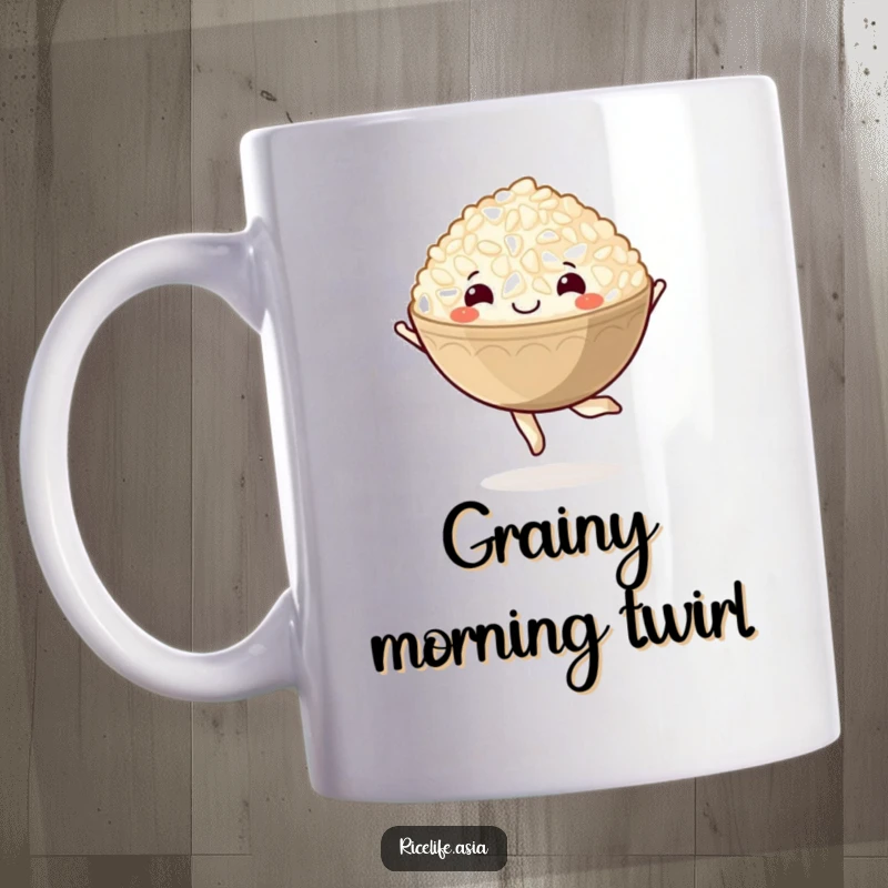 Funny mug with a happy cartoon bowl of rice gracefully performing a pirouette, full of delight and movement.