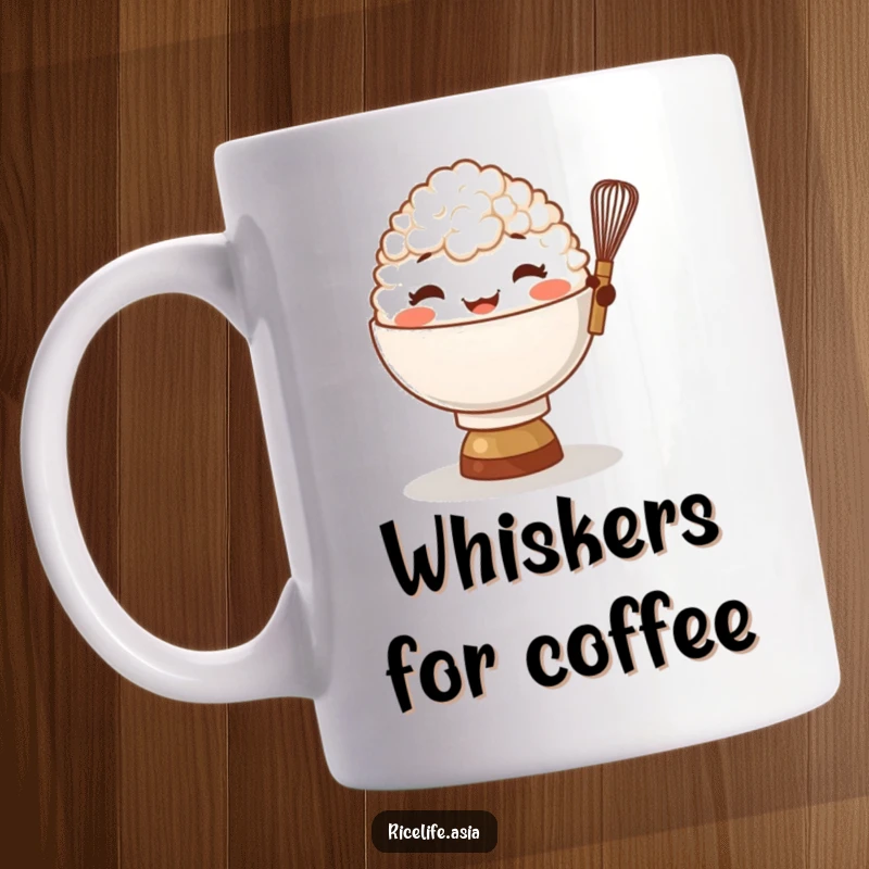 Funny Rice Bowl Whisk Mug: A giggling bowl of rice character balances a tiny whisk, ready for culinary fun, a perfect funny gift.