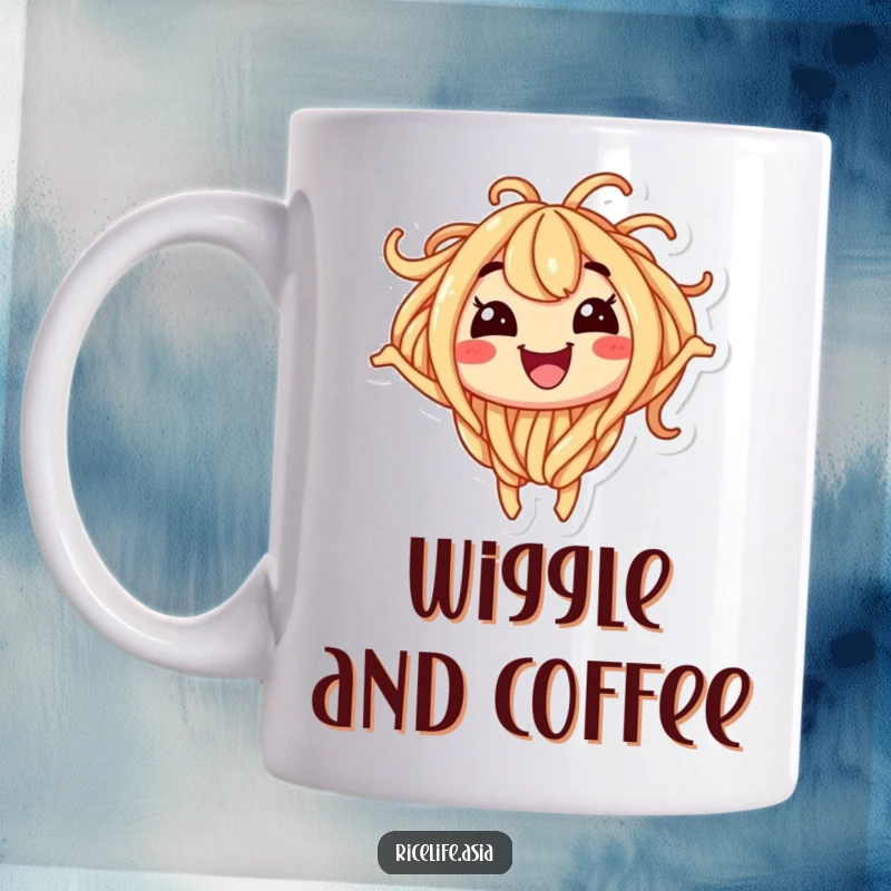 Funny mug featuring a smiling noodle character wiggling with pure excitement and joy, perfect for pasta lovers.