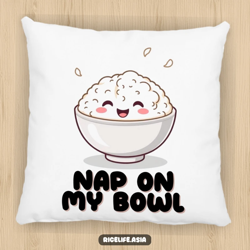 Funny Pillow: A plush and comfy pillow showcasing a smiling bowl of rice playfully bouncing with contagious enthusiasm.