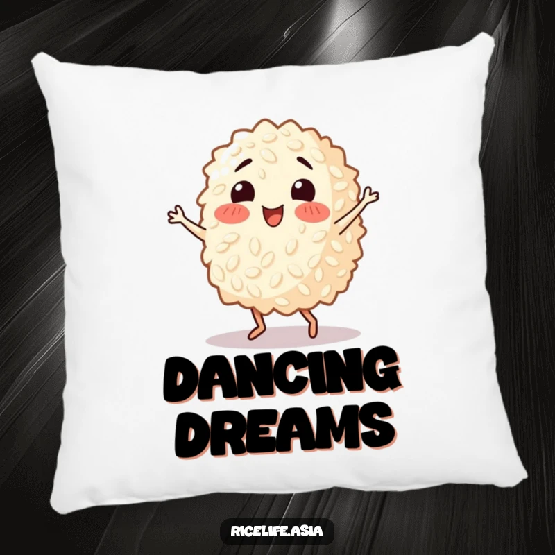 Funny pillow depicting a happy grain of rice performing a lively salsa dance, offering soft comfort and a contagious sense of playful energy.