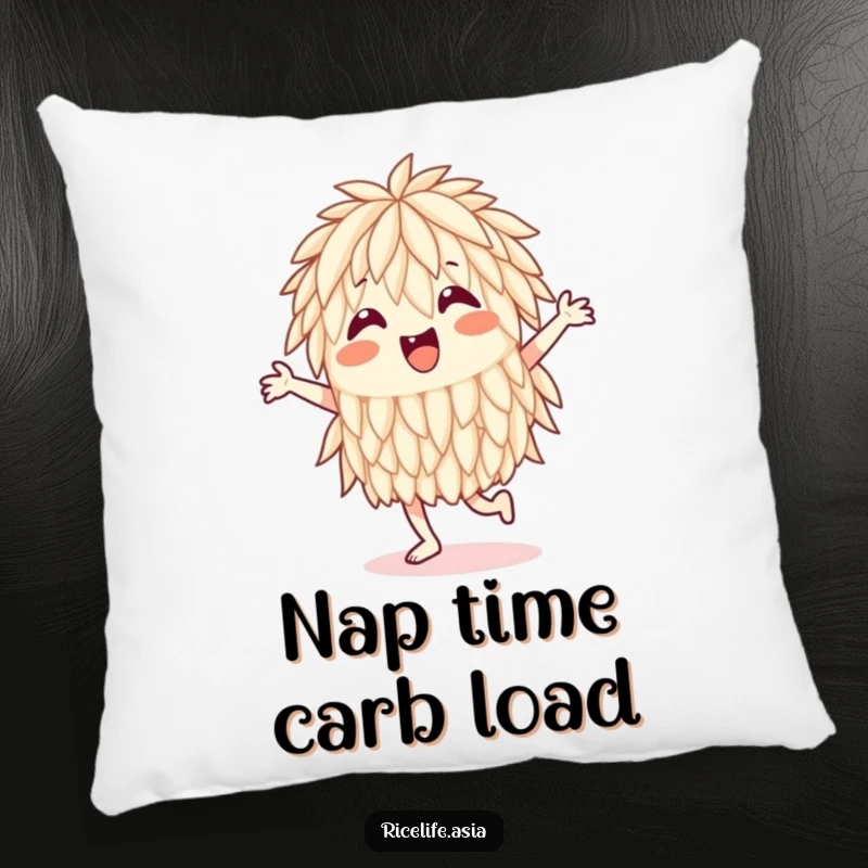 Funny Pillow: A soft and plush pillow showcasing a tiny, ecstatic rice grain performing a hilarious dance with infectious energy.