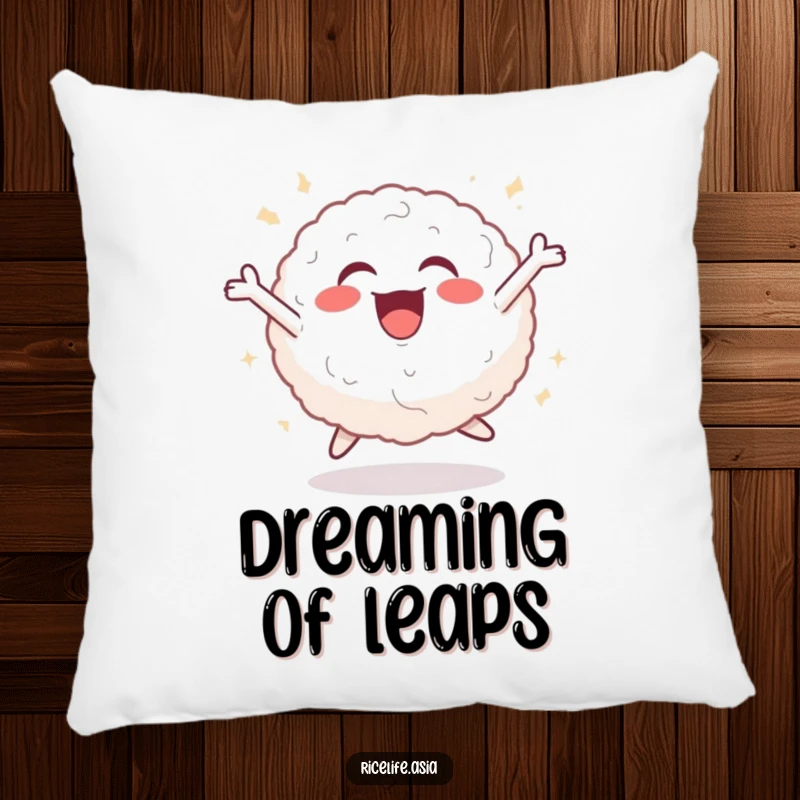 Funny pillow depicting a cheerful rice ball in a joyful leaping pose, offering soft comfort and a contagious sense of buoyant happiness.