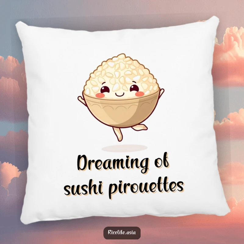 Funny pillow showcasing a delightful cartoon bowl of rice in a happy pirouette, offering comfort and whimsy.