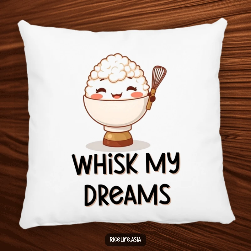 Funny Rice Bowl Whisk Pillow: A giggling bowl of rice character balances a tiny whisk, soft and amusing decor for a funny gift.