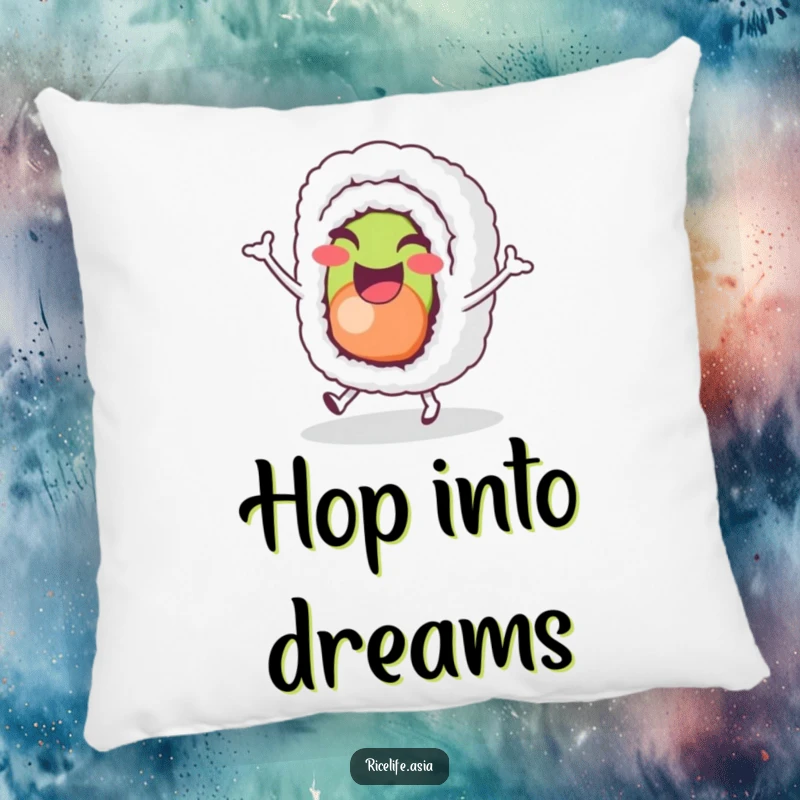 Funny Sushi Hop Pillow: A cheerful sushi roll character joyfully does a tiny hop, soft and amusing decor for a funny gift.