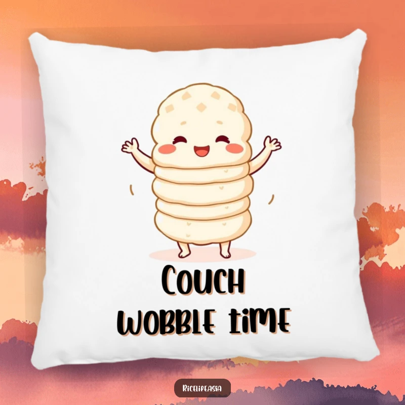 Funny Pillow: A plush and comfy pillow showcasing a stack of happy rice cakes doing a hilarious, wobbly dance with contagious cheer.