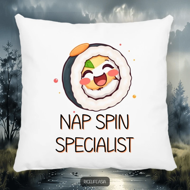 Funny Pillow: A plush and comfy pillow showcasing a happy sushi roll spinning with contagious joy and a delighted expression.