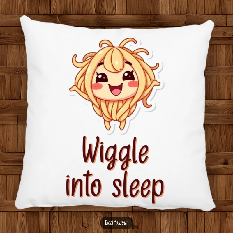 Funny pillow featuring a smiling noodle character wiggling with excitement, offering comfort and a cheerful accent.