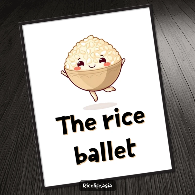 Funny digital art print of a cheerful cartoon bowl of rice performing a happy pirouette, ready for instant download.
