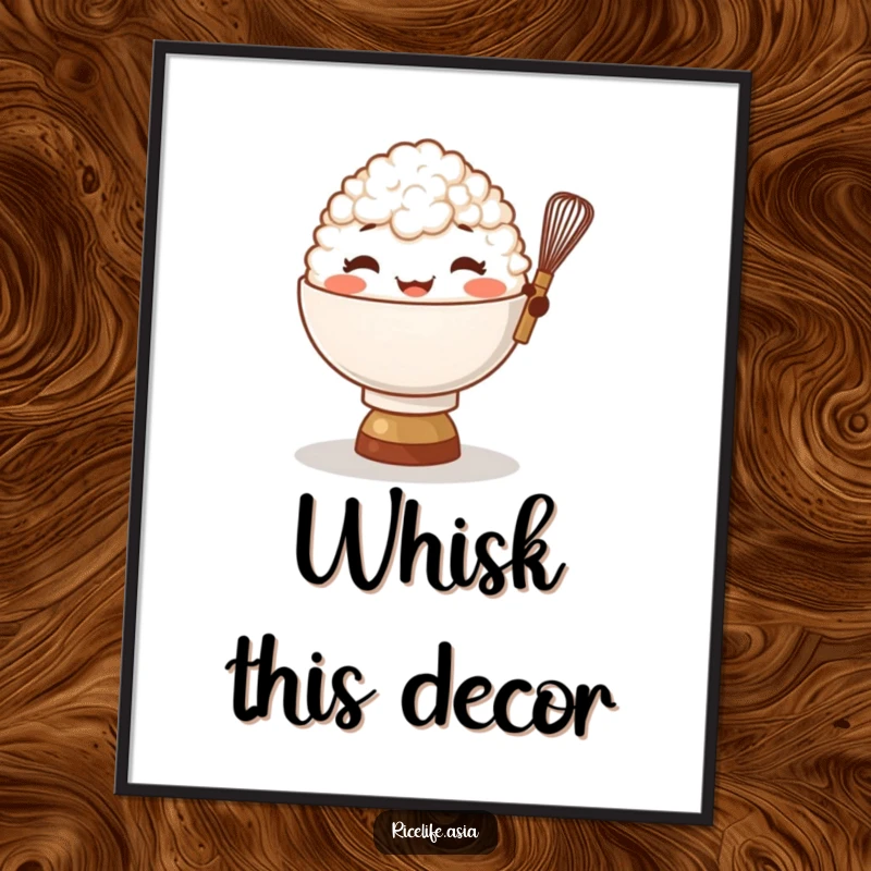 Funny Rice Bowl Whisk Digital Art Print: A giggling bowl of rice character balances a tiny whisk, printable art for instant kitchen humor.