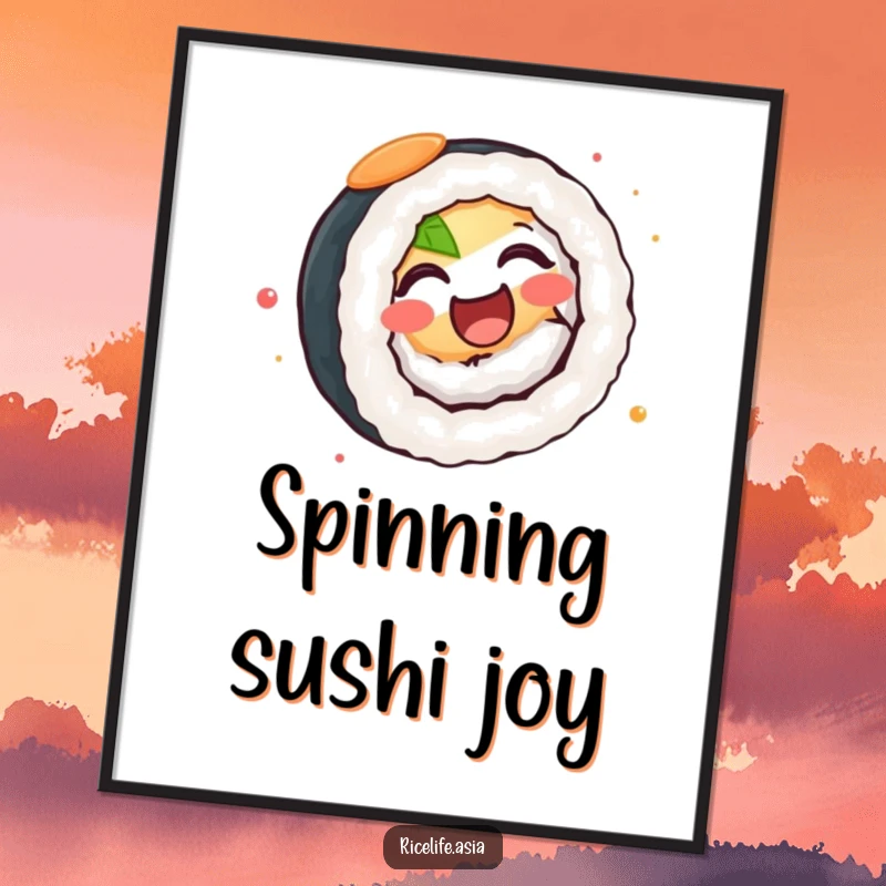 Funny Digital Art Print: A high-resolution image of a delighted sushi roll spinning with infectious joy and a happy, energetic vibe.