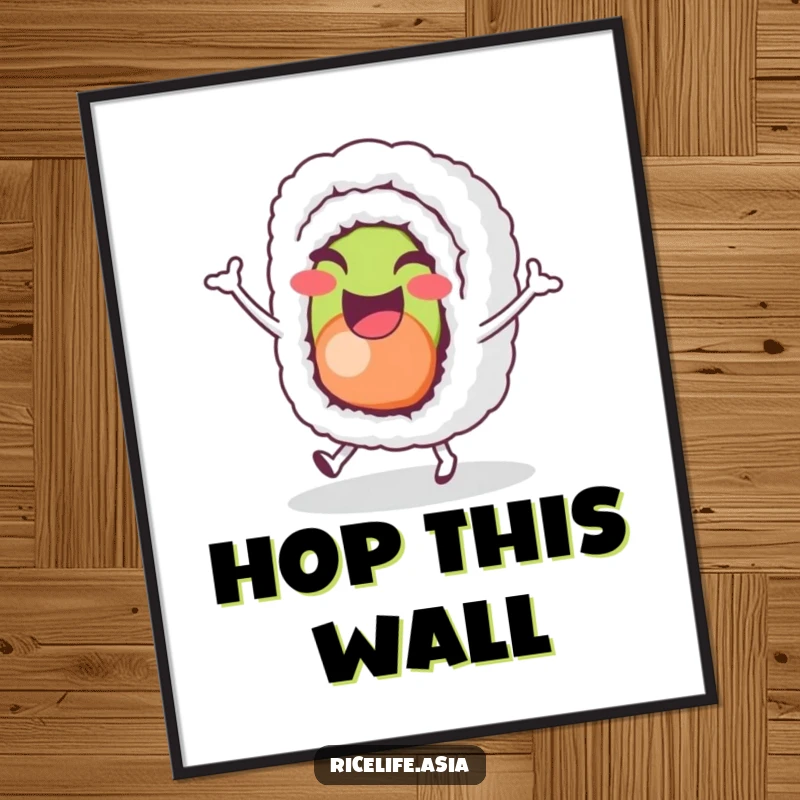 Funny Sushi Hop Digital Art Print: A cheerful sushi roll character joyfully does a tiny hop, printable art for instant fun.