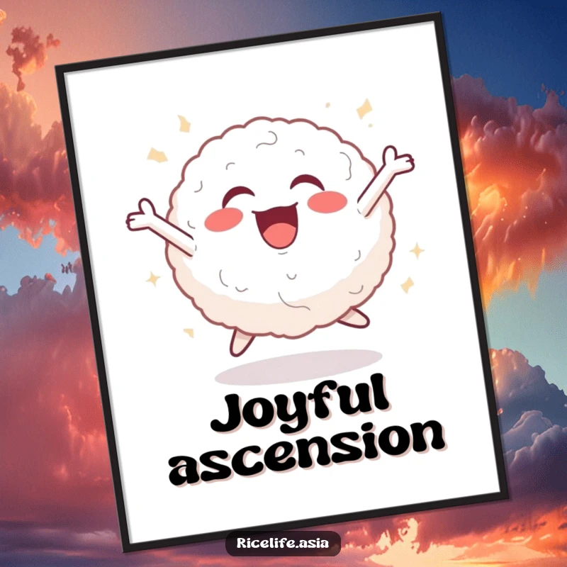 Funny digital art print of a cheerful rice ball in a dynamic leaping pose, radiating pure joy and infectious energy for vibrant decor.