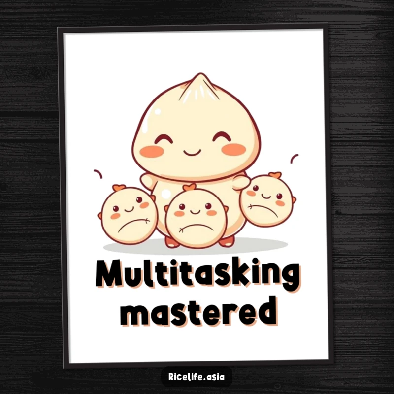 Funny digital art print of a smiling dumpling expertly juggling three smaller dumplings, offering culinary wit and humorous visual appeal.