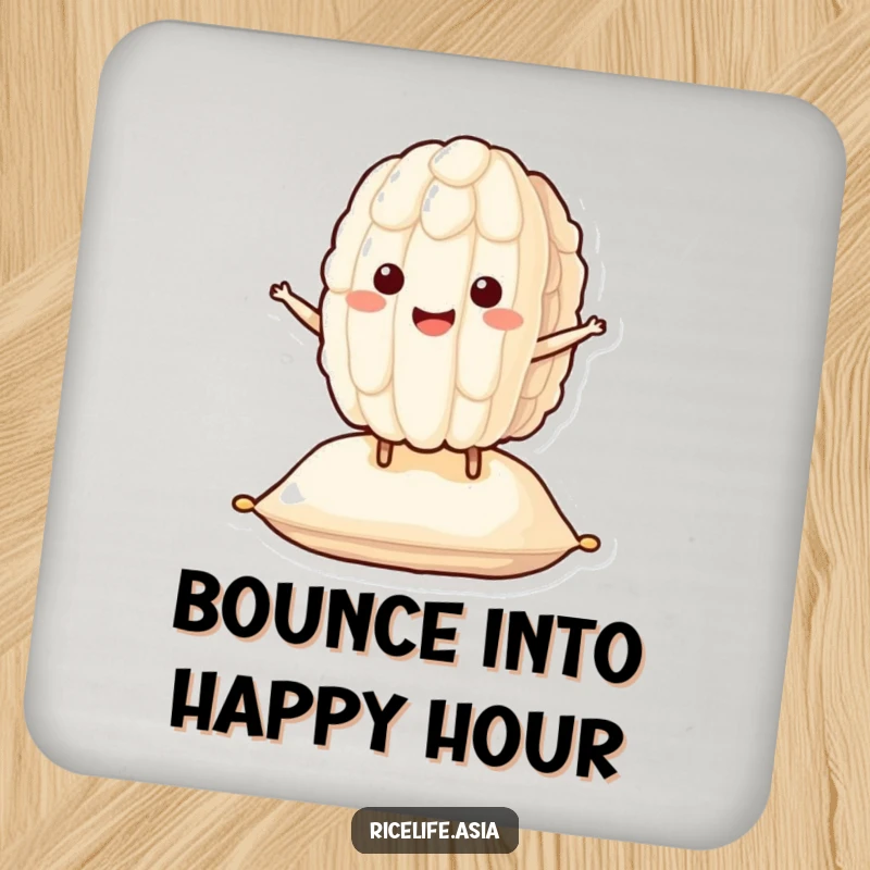 Funny Bouncing Rice Coaster: A smiling grain of rice character happily bounces on a cushion, protecting surfaces with humorous joy.