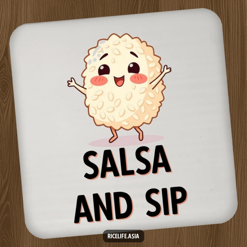 Funny drink coaster with a happy grain of rice energetically dancing the salsa, offering protection with a dose of playful, comedic rhythm.