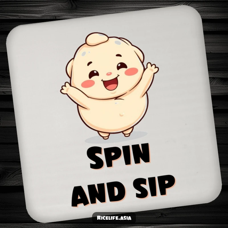 Funny drink coaster featuring a happy dumpling character caught in a delightful spin, protecting surfaces with charm.