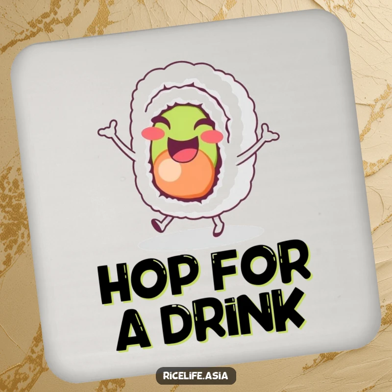 Funny Sushi Hop Coaster: A cheerful sushi roll character joyfully does a tiny hop, protecting surfaces with humorous fun.