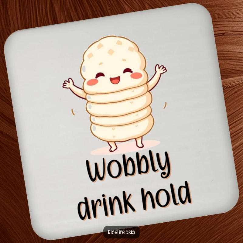 Funny Coaster: A durable coaster showcasing a stack of happy rice cakes doing a hilarious, wobbly dance, adding whimsical charm.