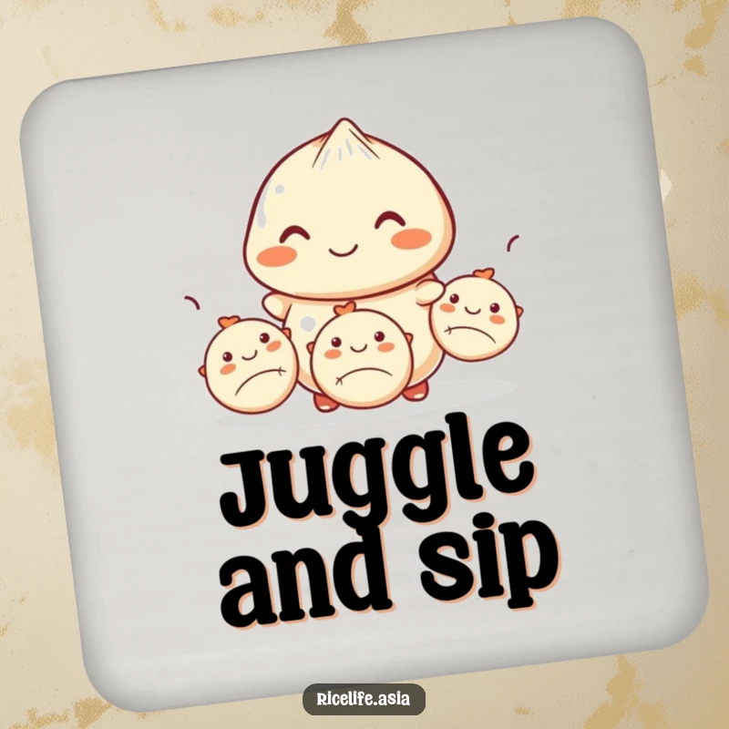 Funny drink coaster with a smiling dumpling expertly juggling three smaller dumplings, offering protection with a dose of culinary charm and humor.