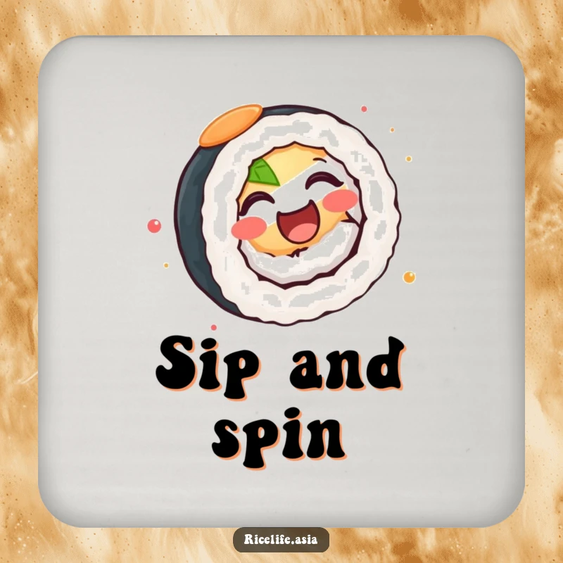 Funny Coaster: A durable coaster showcasing a happy sushi roll spinning with infectious joy, adding whimsical charm.